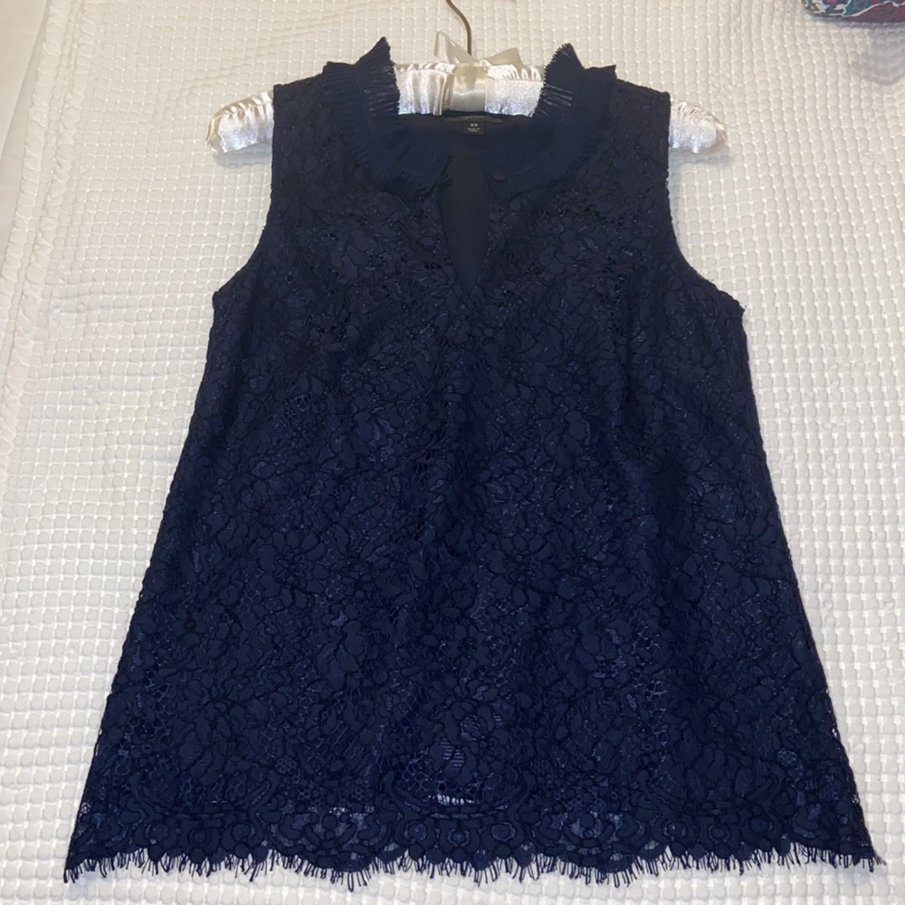 J. Crew Sleevless lace top with eye lash trim and ruffled collar